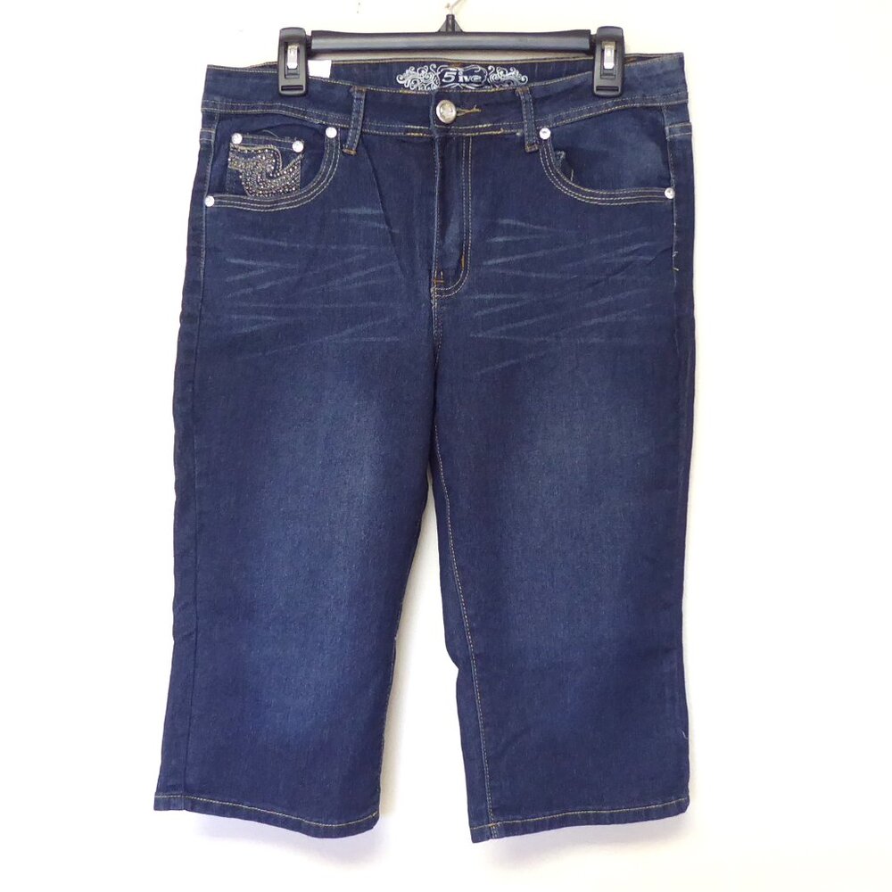 New with tags 5ive denim embroidered clear rhinestone wide leg capri jeans sz 14